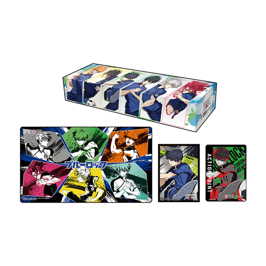 Union Arena Blue Lock special set with playmat, card sleeves, action point cards, and storage box featuring anime characters.