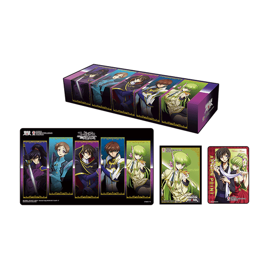 Union Arena Code Geass special set with playmat, card sleeves, action point cards, and storage box.
