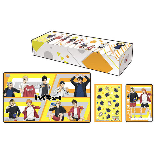 Union Arena Haikyu!! special set featuring a yellow and white storage box, character playmat, card sleeves, and action point cards.