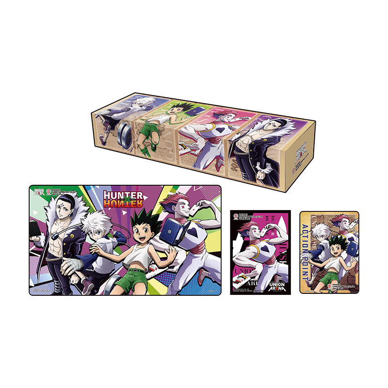 Hunter X Hunter Union Arena Special Set: colorful playmat, card sleeves, action point cards, and storage box featuring anime characters.