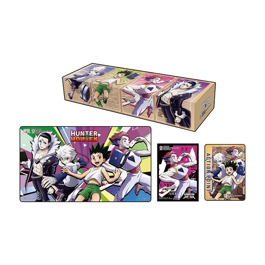 Hunter X Hunter Union Arena Special Set: colorful playmat, card sleeves, action point cards, and storage box featuring anime characters.