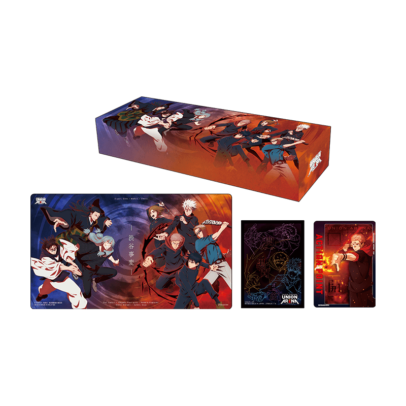 Jujutsu Kaisen Union Arena set featuring a character-themed storage box, playmat, card sleeves, and action point card.