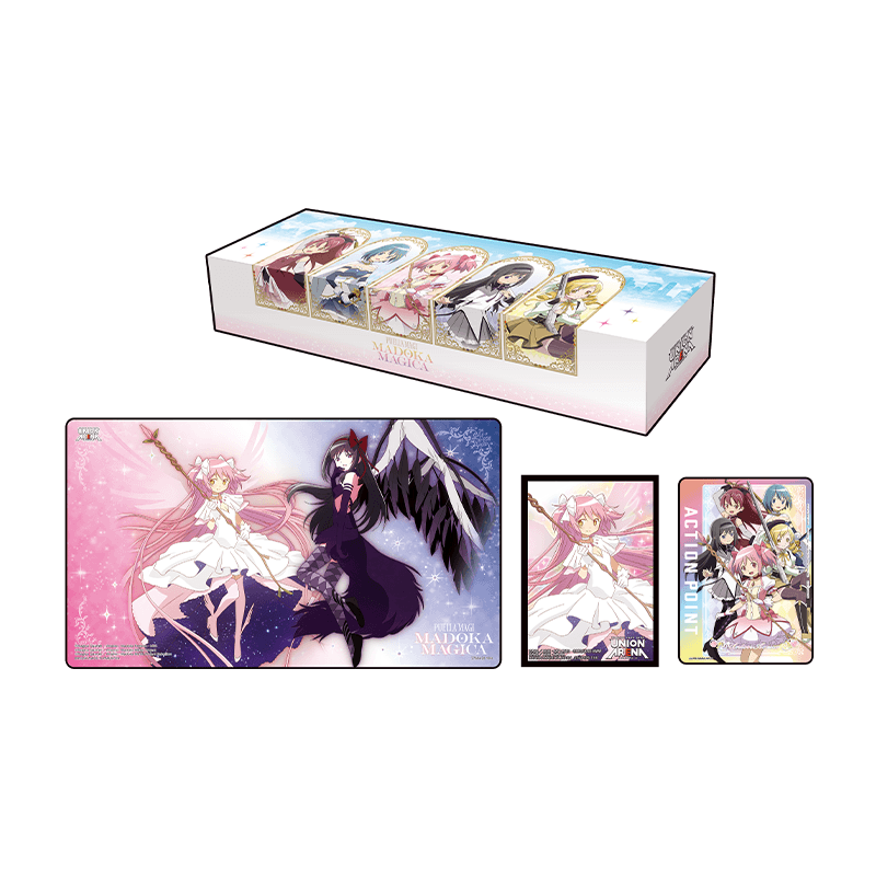Union Arena Madoka Magica set featuring a character-themed storage box, a pink and purple playmat, and card sleeves.