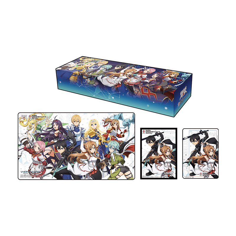 Union Arena SAO special set: blue storage box, playmat, and card sleeves featuring anime characters.