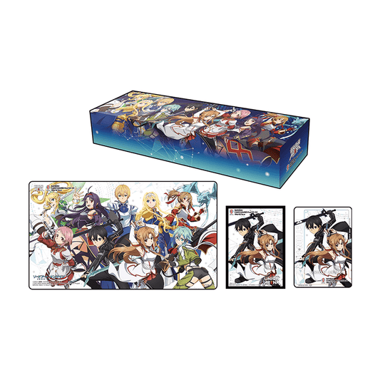 Union Arena SAO special set: blue storage box, playmat, and card sleeves featuring anime characters.