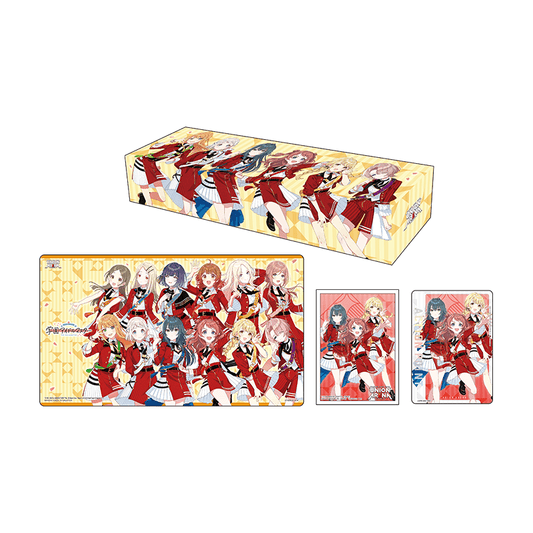 Union Arena Idolmaster Gakuen set featuring a character-illustrated rubber playmat, storage box, and matching card sleeves.
