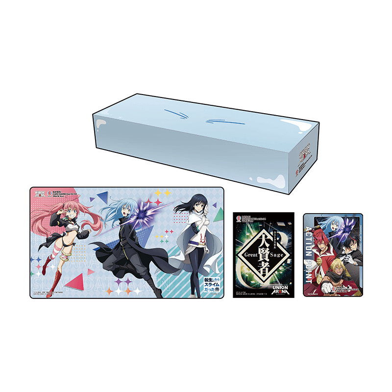 Union Arena TenSura playmat with Rimuru, Milim, and Shizue, plus card sleeves, action cards, and storage box.