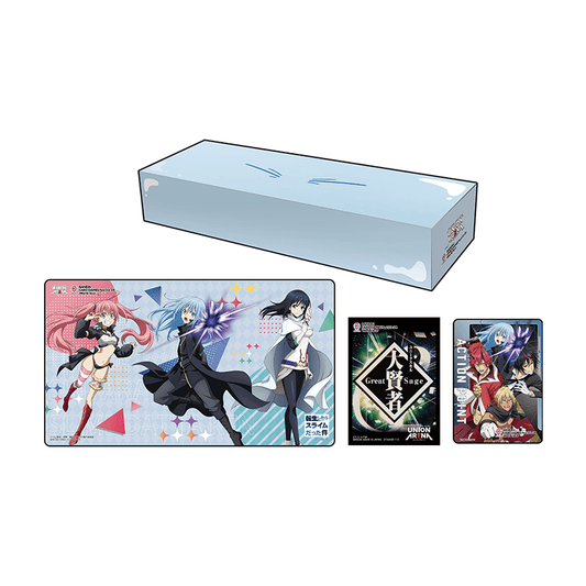 Union Arena TenSura playmat with Rimuru, Milim, and Shizue, plus card sleeves, action cards, and storage box.