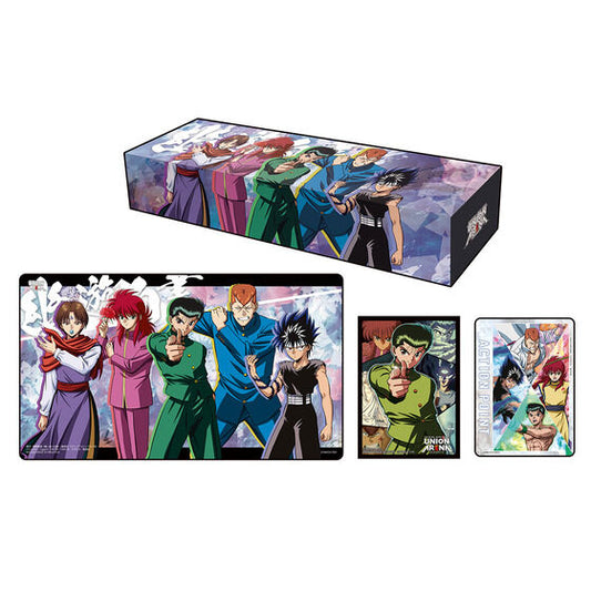 YuYu Hakusho Union Arena set featuring a character playmat, storage box, 60 card sleeves, and action point cards.