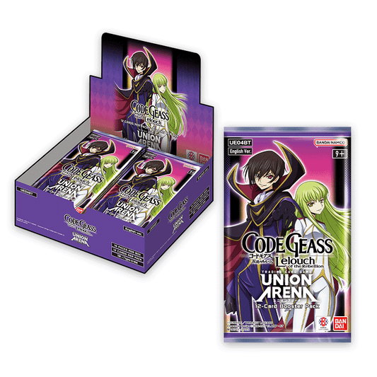 Union Arena Code Geass booster box with 16 packs, featuring Lelouch and C.C. on purple and green packaging.