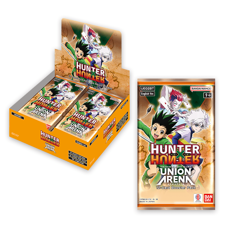 Orange Union Arena HUNTER x HUNTER booster box with 16 packs, featuring Gon and Killua on the packaging.