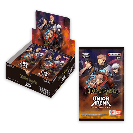 Union Arena Jujutsu Kaisen booster box with 16 packs, featuring Yuji Itadori and Satoru Gojo.