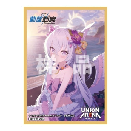 Blue Archive AP card sleeve featuring a purple-haired anime girl in a beach setting with a gold border and Union Arena logo.