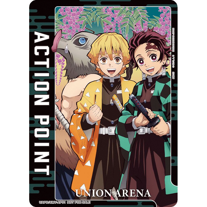 Union Arena Action Point card featuring Tanjiro, Zenitsu, and Inosuke from Demon Slayer.