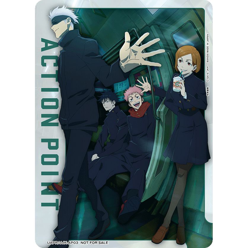 Union Arena Action Point card featuring Gojo, Yuji, Megumi, and Nobara from Jujutsu Kaisen.