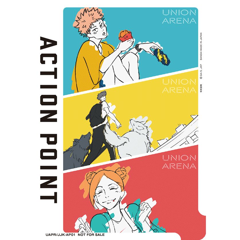 Union Arena Action Point card with three anime characters on blue, yellow, and red backgrounds.