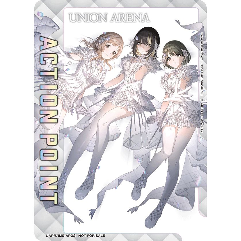 Union Arena Action Point card featuring three anime girls in white dresses, with holographic silver accents.