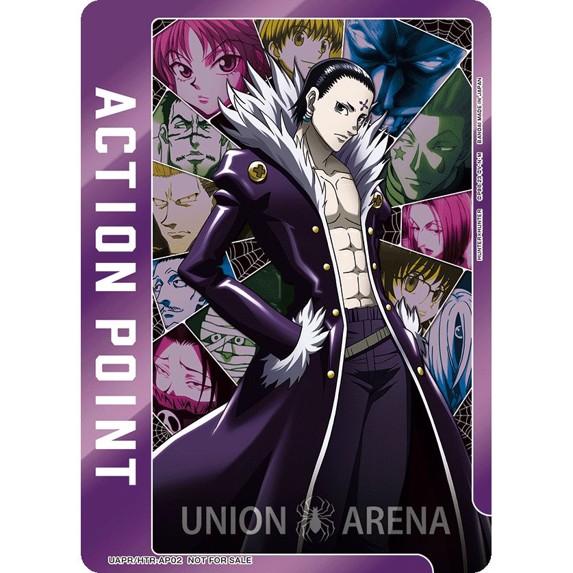 Union Arena Action Point card featuring Chrollo Lucilfer in a purple coat, surrounded by other anime characters.