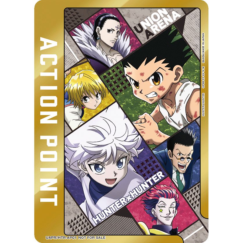 Gold Union Arena Action Point card featuring Hunter x Hunter characters like Gon, Killua, and Kurapika.