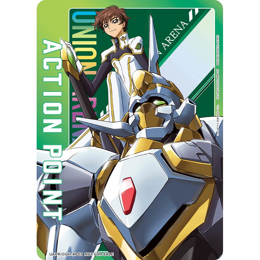 Union Arena Action Point card featuring a brown-haired anime character and a white and gold robot.