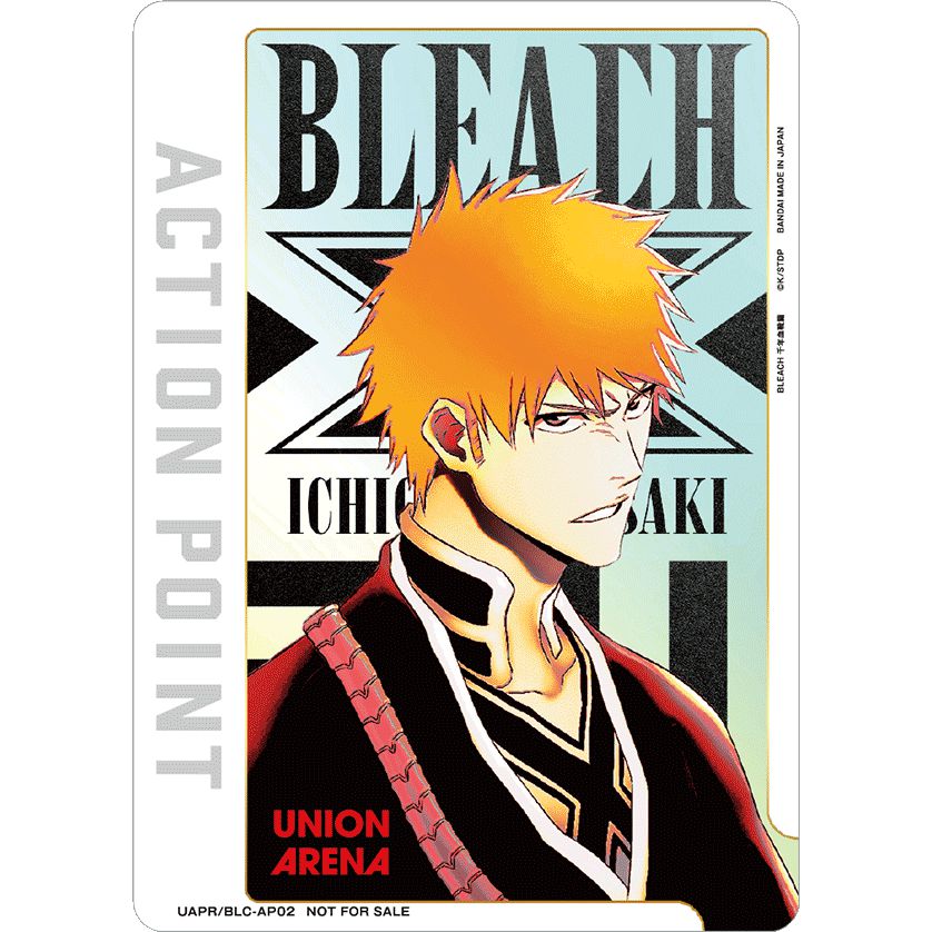 Union Arena Action Point card featuring Bleach's Ichigo Kurosaki with orange hair and black uniform.
