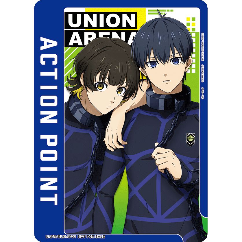 Union Arena Action Point card featuring two anime characters in blue outfits with chains, blue border.