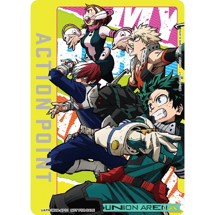 Union Arena Action Point card featuring My Hero Academia characters on a vibrant yellow and pink background.