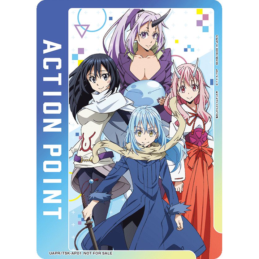 Union Arena Action Point card featuring five anime characters, including Rimuru, on a blue and white background.