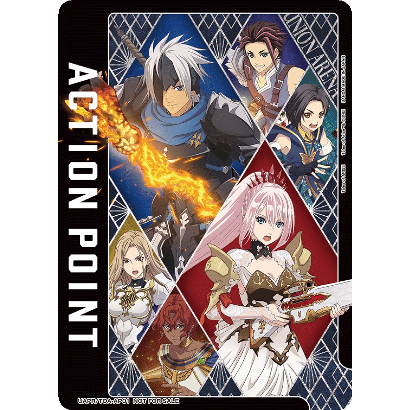 Union Arena Action Point card featuring multiple anime characters in dynamic poses, black border.