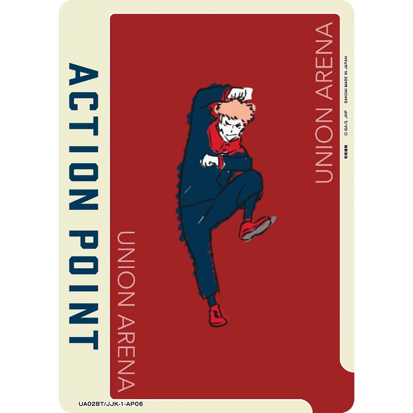 Union Arena Action Point card with a red background, featuring a character in a dark blue outfit and red shoes.