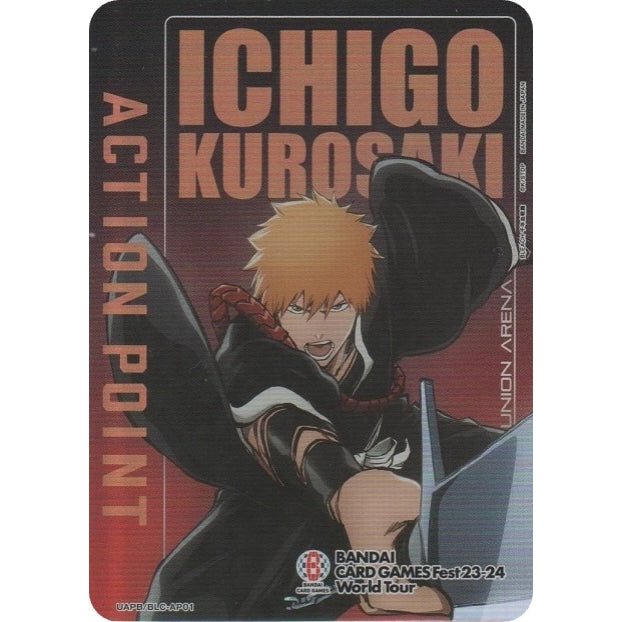 Union Arena Action Point card featuring Ichigo Kurosaki from Bleach, with orange hair and black robes.
