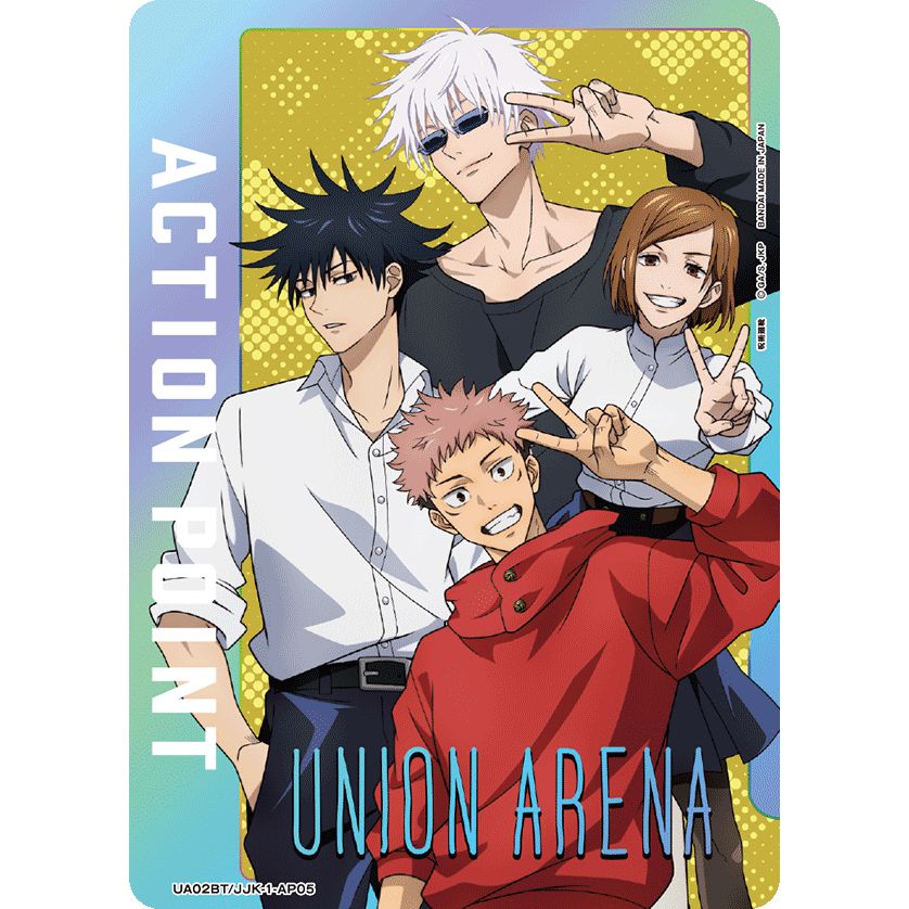 Union Arena Action Point card featuring four anime characters, including Gojo and Yuji, on a colorful background.