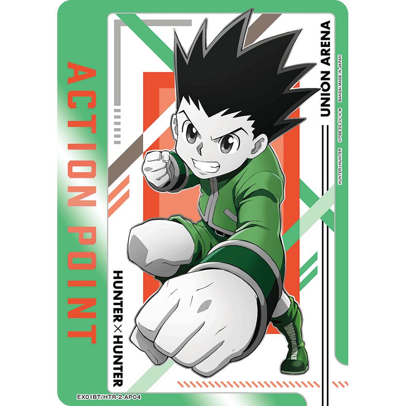 Union Arena Action Point card featuring Gon Freecss in a green outfit, ready to punch.