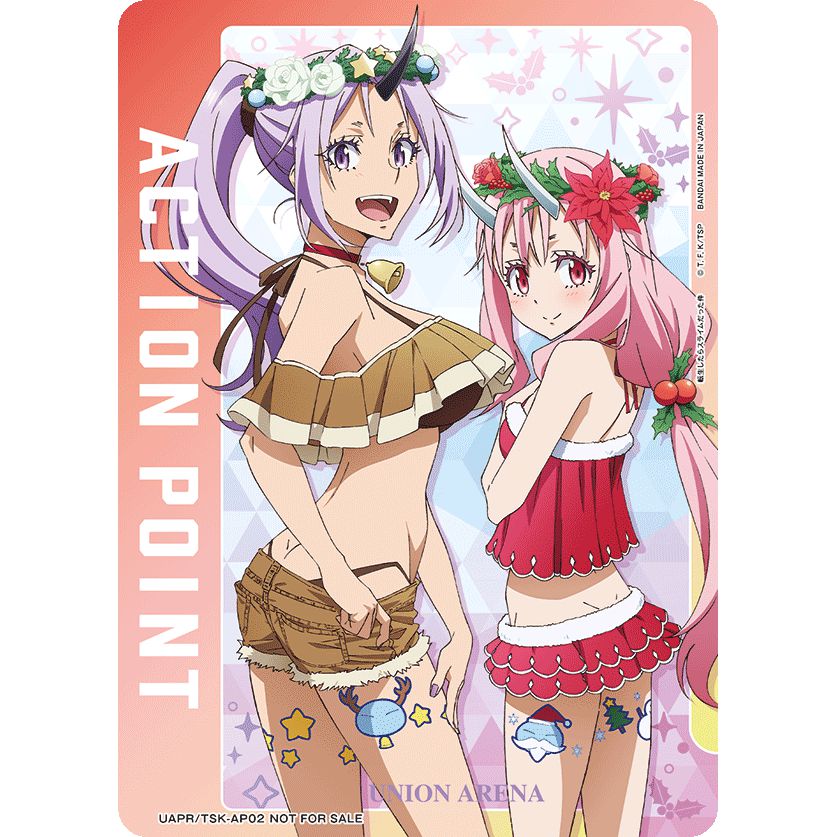 Union Arena Action Point card featuring two anime girls in festive swimwear, one with purple hair, one with pink.