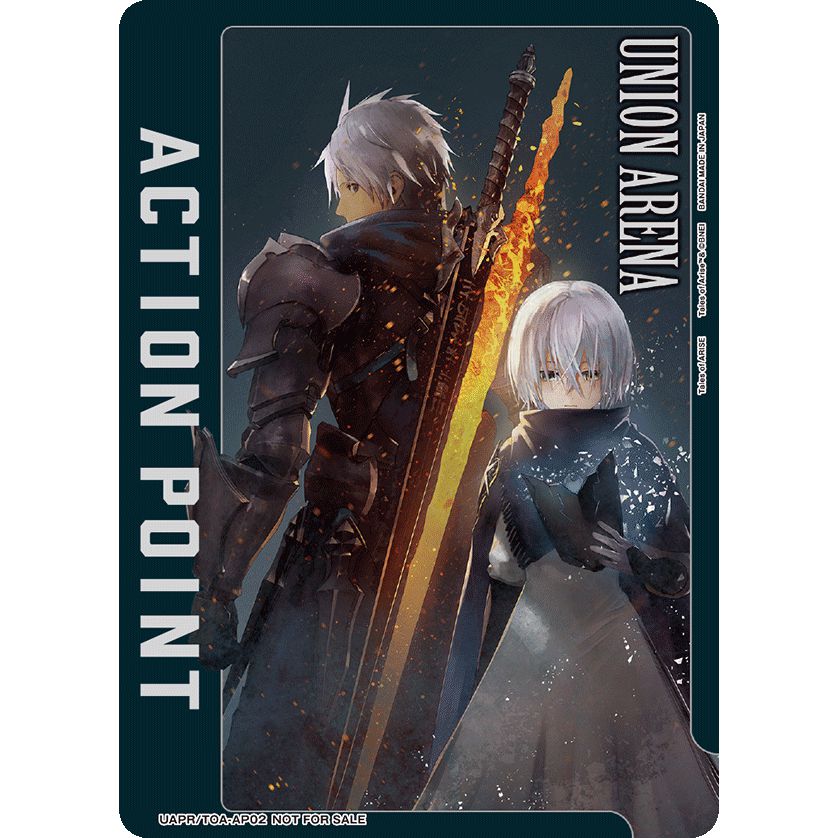 Union Arena Action Point card featuring two anime characters, one with a fiery sword, on a dark background.