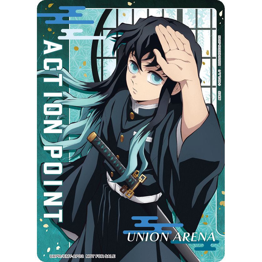 Union Arena Action Point card featuring Muichiro Tokito with black and teal hair, in a dark uniform.
