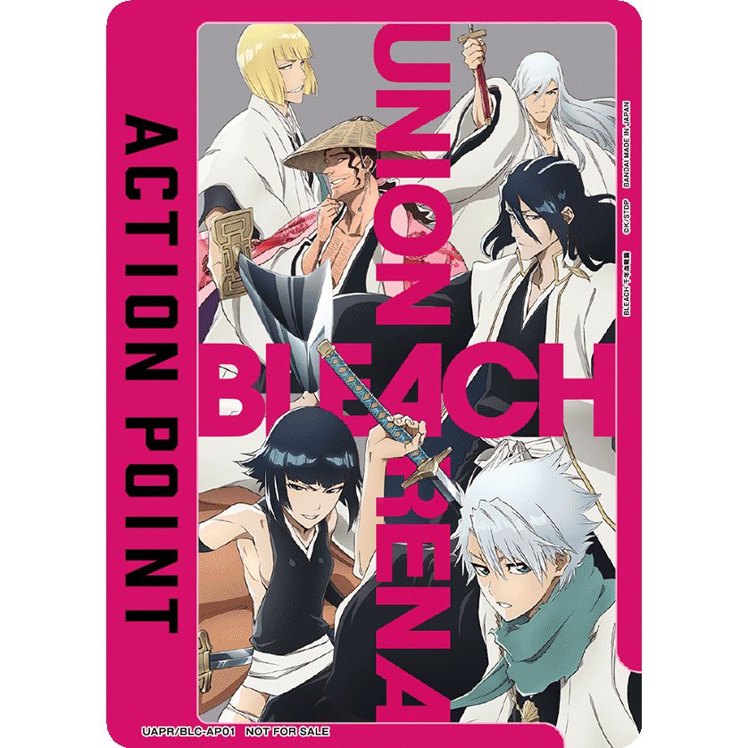 Pink Union Arena Action Point card featuring Bleach anime characters, including Ichigo, Rukia, and Toshiro.