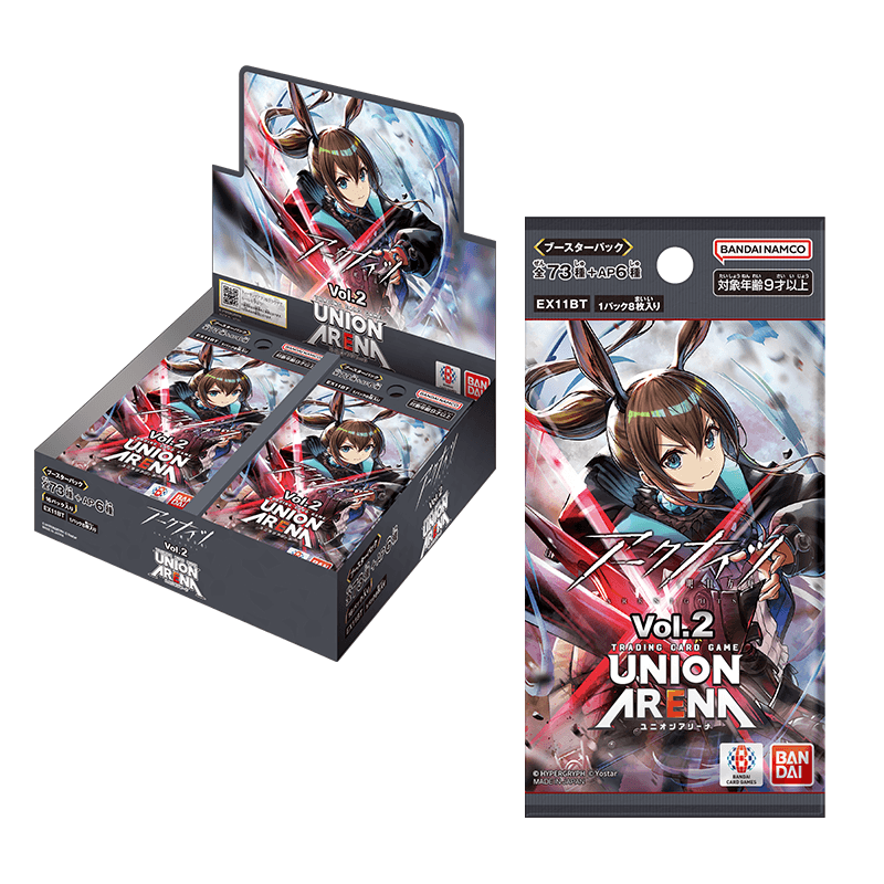Union Arena Arknights Vol.2 Japanese booster box and single pack featuring anime character art and Bandai Namco branding.