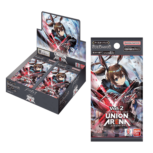 Union Arena Arknights Vol.2 Japanese booster box and single pack featuring anime character art and Bandai Namco branding.