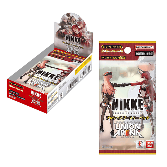 Union Arena Goddess of Victory: Nikke Japanese booster box and individual card pack featuring anime character art.