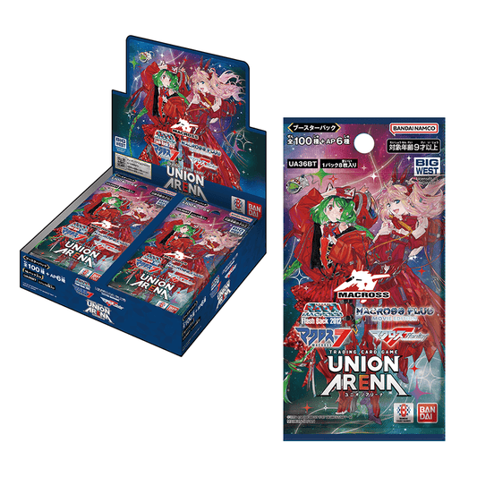 Union Arena Macross booster box and individual pack featuring vibrant anime character art on a blue background.