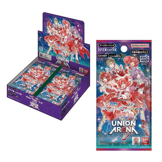 Union Arena Macross Vol. 2 booster box and pack featuring colorful anime character illustrations on purple packaging.