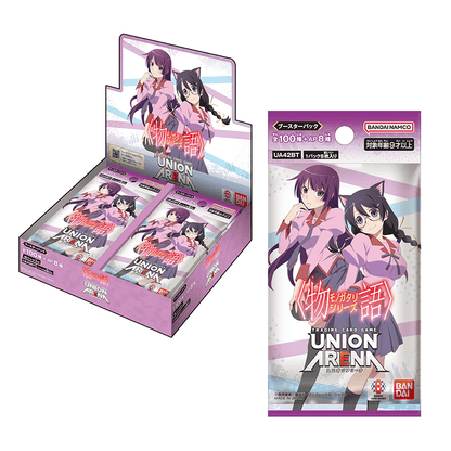 Union Arena Monogatari Series booster box and pack featuring Hitagi Senjougahara and Tsubasa Hanekawa in purple packaging.