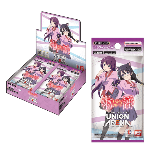 Union Arena Monogatari Series booster box and pack featuring Hitagi Senjougahara and Tsubasa Hanekawa in purple packaging.
