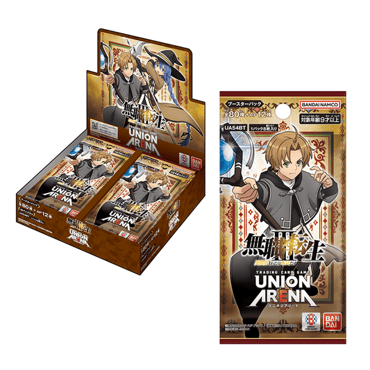 Mushoku Tensei Union Arena booster box and pack featuring Rudeus and Roxy anime character illustrations in Japanese.