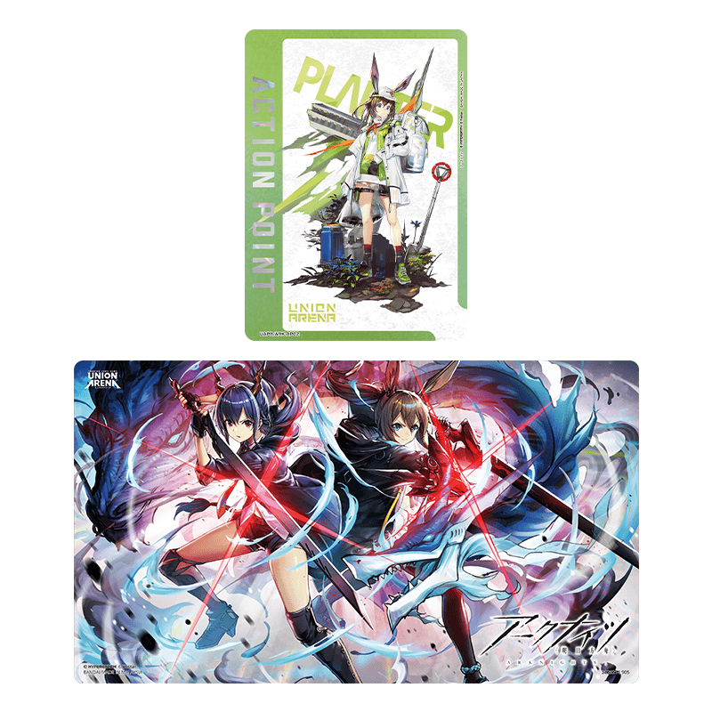 Arknights Union Arena playmat and action point card set featuring vibrant character artwork on durable rubber and polyester.