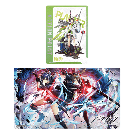 Arknights Union Arena playmat and action point card set featuring vibrant character artwork on durable rubber and polyester.