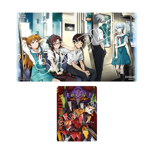 Evangelion Union Arena playmat featuring anime characters on a train, plus three Action Point cards with EVA unit art.