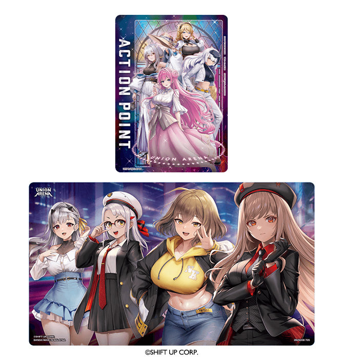 Union Arena Goddess of Victory: Nikke rubber playmat and three Action Point cards featuring colorful anime character art.