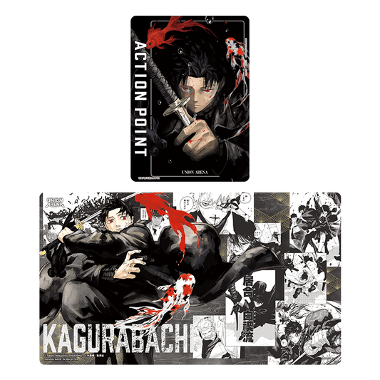 Kagurabachi Union Arena rubber playmat and three action point cards featuring black, white, and red manga-style artwork.